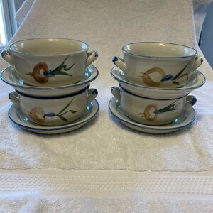 Vintage Chi Jiang stoneware bowl with saucer. Set of 4.